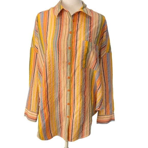 Anthropologie Pilcro Yellow Orange Striped Metallic Tunic Shirt Blouse Sz Small - Picture 1 of 9